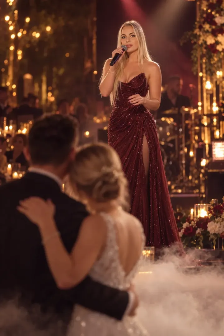 Onelli singer at a night wedding while the couple slow-dances in low fog