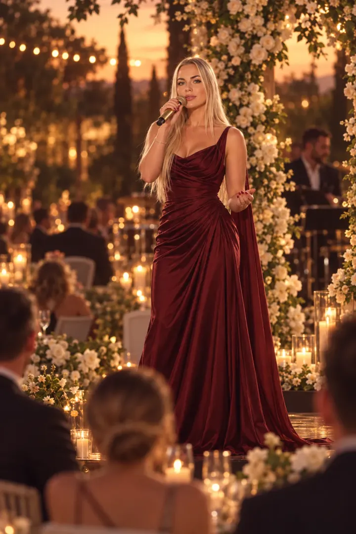 Onelli singer at an evening garden wedding, on a stage framed with white flowers